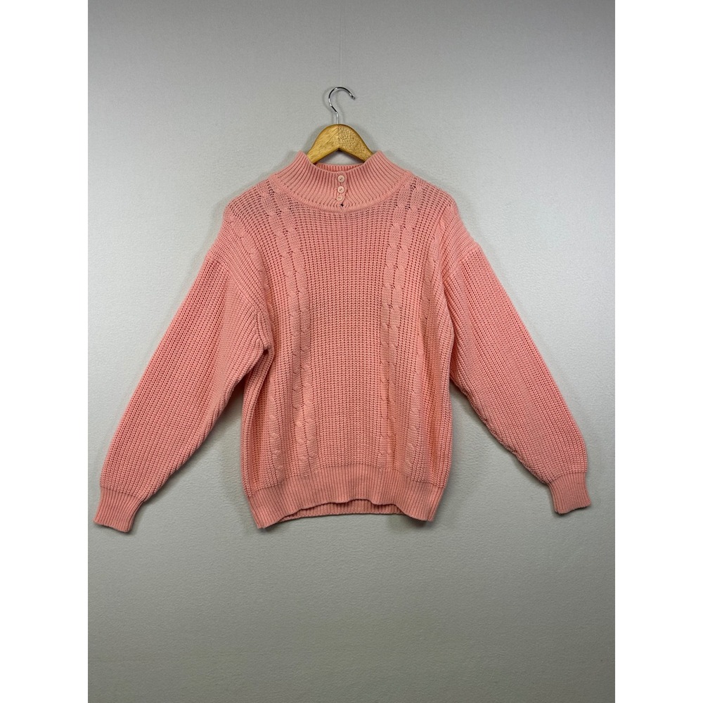 Vintage Grandmacore Center Aisle Womens Medium Pink Mock Neck Cable Knit Sweater